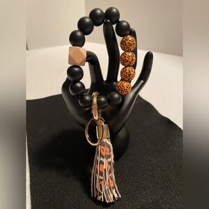 Wristlet Keychain.Stretchy With Wood Beads And Matching Tassel. New